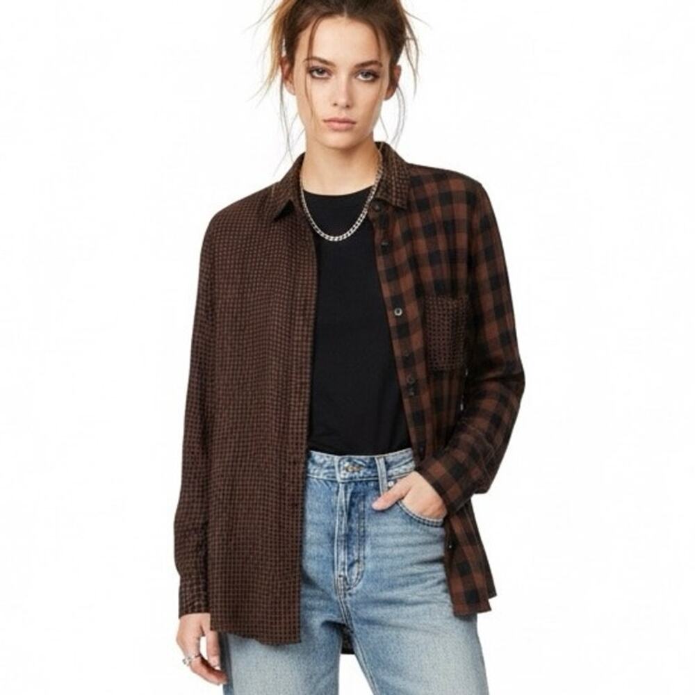 Beachlunchlounge Plaid Patchwork Button Shirt Wom… - image 1